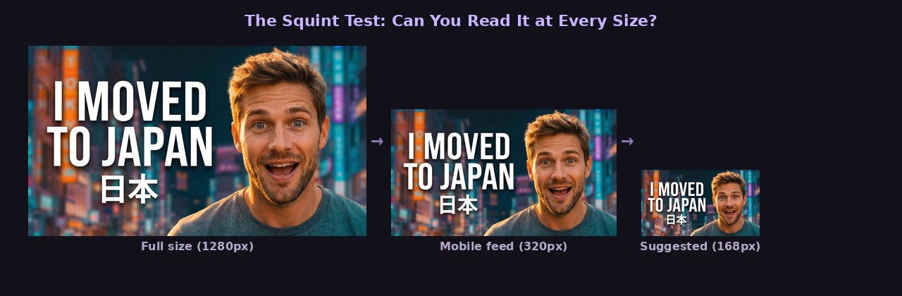 The squint test: the same thumbnail shown at full size, mobile feed size, and suggested videos size
